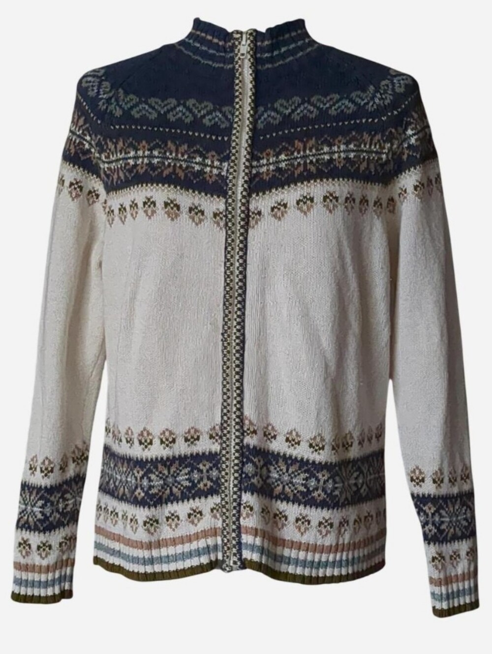 Vintage Tiara International Fair Isle Full-Zip Cardigan Sweater Cream Navy Blue